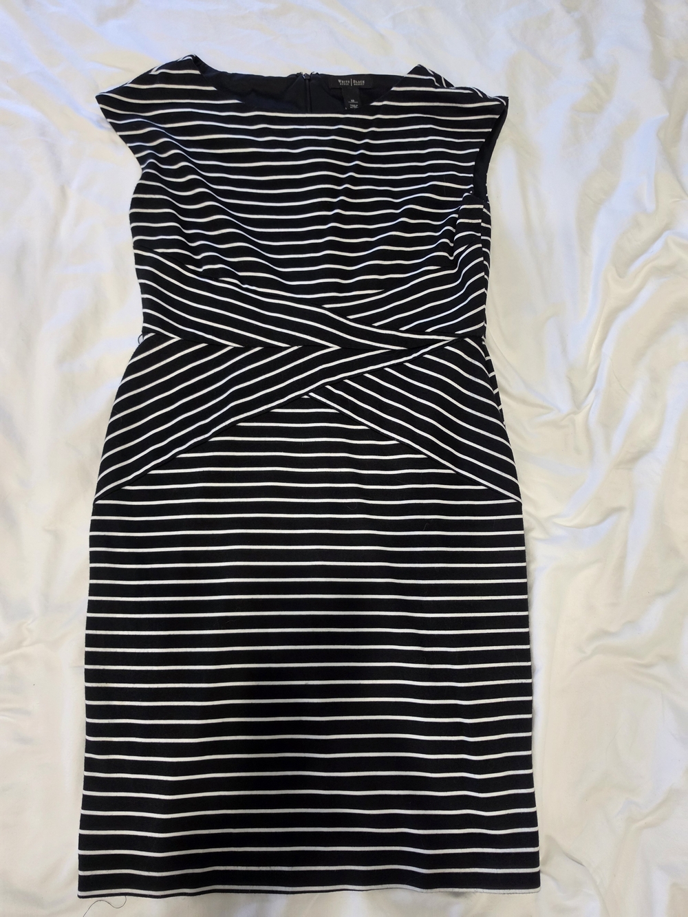 White & Black Striped Cap-Sleeve Sheath Dress Size 12